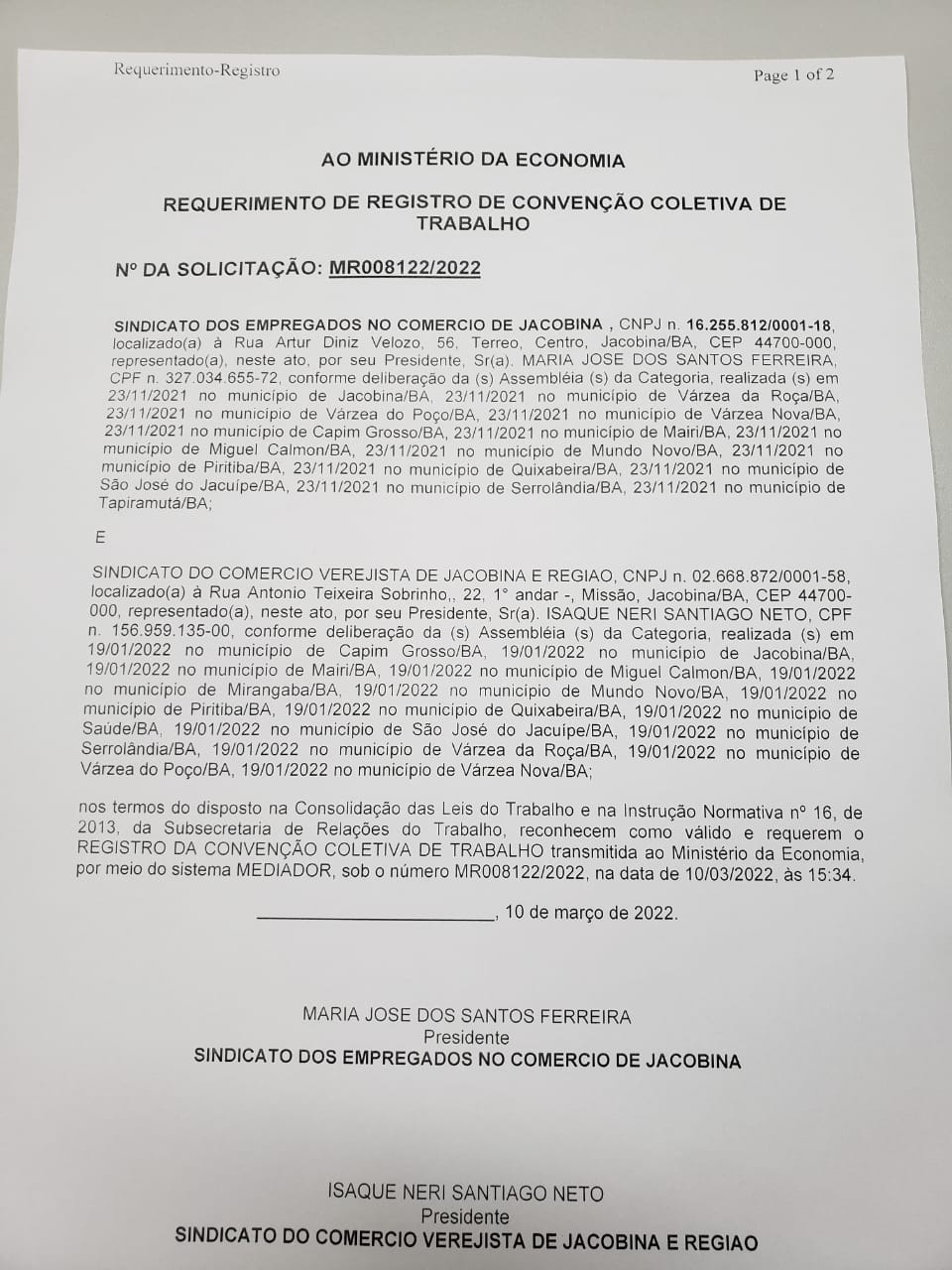 REQUERIMENTO DE REGISTRO